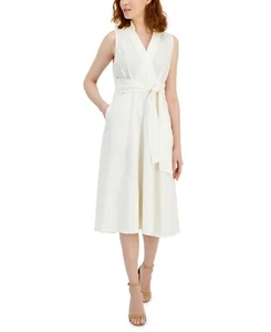 Tahari Asl Women's Faux-Wrap Linen MIDI Dress - Ivory - SZ 8 - Picture 1 of 3