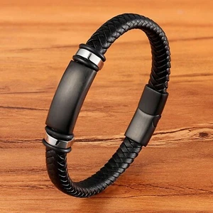Bracelet homme femme en acier inoxydable et cuir noir 23/21/19 cm - Photo 1/3