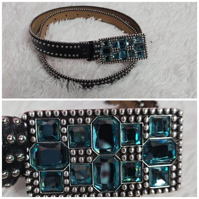 Justin Leather Western Cowgirl Studded Blue Crystal Belt Size 36 - Image 1 of 4