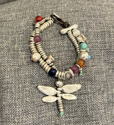 Uno De 50 Dangling Dragonfly Beaded Double Stand Silver Plated Charm Bracelet - Imagem 1 de 4