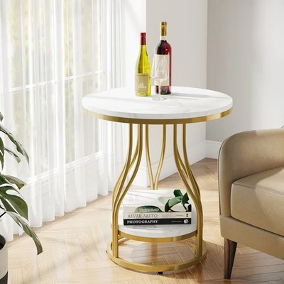 Round End Table with Storage Shelf, 2-Tier Modern Sofa Side Table Small Bedside - Image 1 of 4
