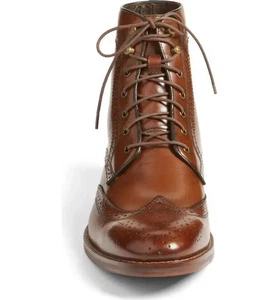 Premium Brown Wingtip Brogue Lace Up Boots Men Ankle Leather Boot Elegant - Picture 1 of 5