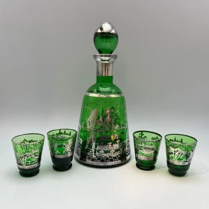 Decantador verde esmeralda y gafas de 4 disparos, superposición plateada con diseño veneciano - Imagen 1 de 18