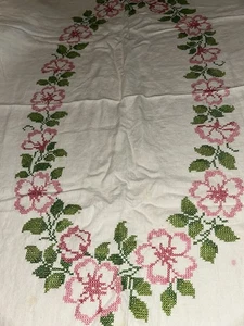 Vintage Embroidered 52" Oval Tablecloth Pink Flowers Green Foliage Fringed - Picture 1 of 3