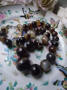 Vintage 21" 222g Huge Graduated Banded Agate Bead Necklace Silver Clasp Restrung - Picture 1 of 14