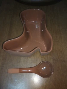 Vintage Glazed Terracotta BOOT Shaped Salsa Dish with Serving Ladle Spoon - Picture 1 of 3