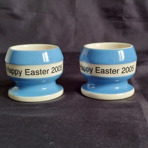 T G Green Cornish Blue Egg Cup X2 Special Edition Happy Easter 2005 Stripe Foot - Picture 1 of 13