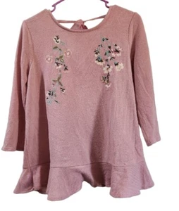 LC Lauren Conrad Sz M Embroidered, Back Vneck With Tie, 3/4 Sleeve Rose Sweater - Picture 1 of 10