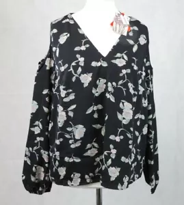 Alice & You Floral V Neck Long Sleeve Cold Shoulder Black Top UK 24 DH003 DD 02 - Picture 1 of 6