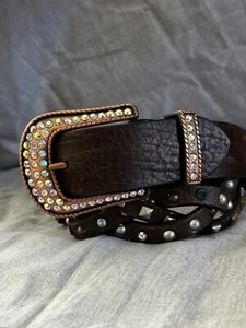Bling Leather Belt By Roper Brown Western Studs Braided Rose Gold Buckle 26-28 - Picture 1 of 12