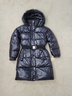 Michael Kors 女式腰带人造毛皮连帽松饼外套夹克光泽黑色 S 码 — 第 1/4 张图片