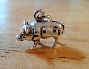 Sterling Silber 3D 12x15mm Massiv Schwein Bauernhof Tier Charm - Bild 1 von 5