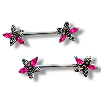 Par de anillos para pezones góticos flor bruñida circonita cúbica rosa brillante 14 g Foto 1 de 2