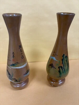 Juego de 2 jarrones antiguos chinos de madera pintados a mano Foto 1 de 4