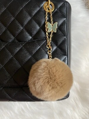 Brown Tan Pom Pom Bag Charm Keychain Ring Car Enamel Butterfly Gold Chain Strap - Image 1 of 3