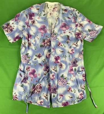 XS Blue and Purple Flower Patterned Peaches Scrub Top - Image 1 of 4