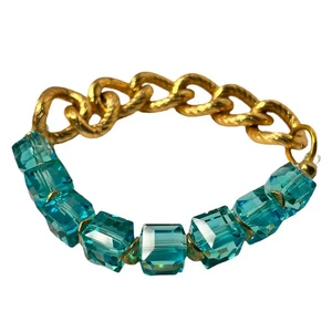 Handmade Womens Nautical Bracelet Cable Chain Gold Tone Glass Jewelry Blue - Picture 1 of 6