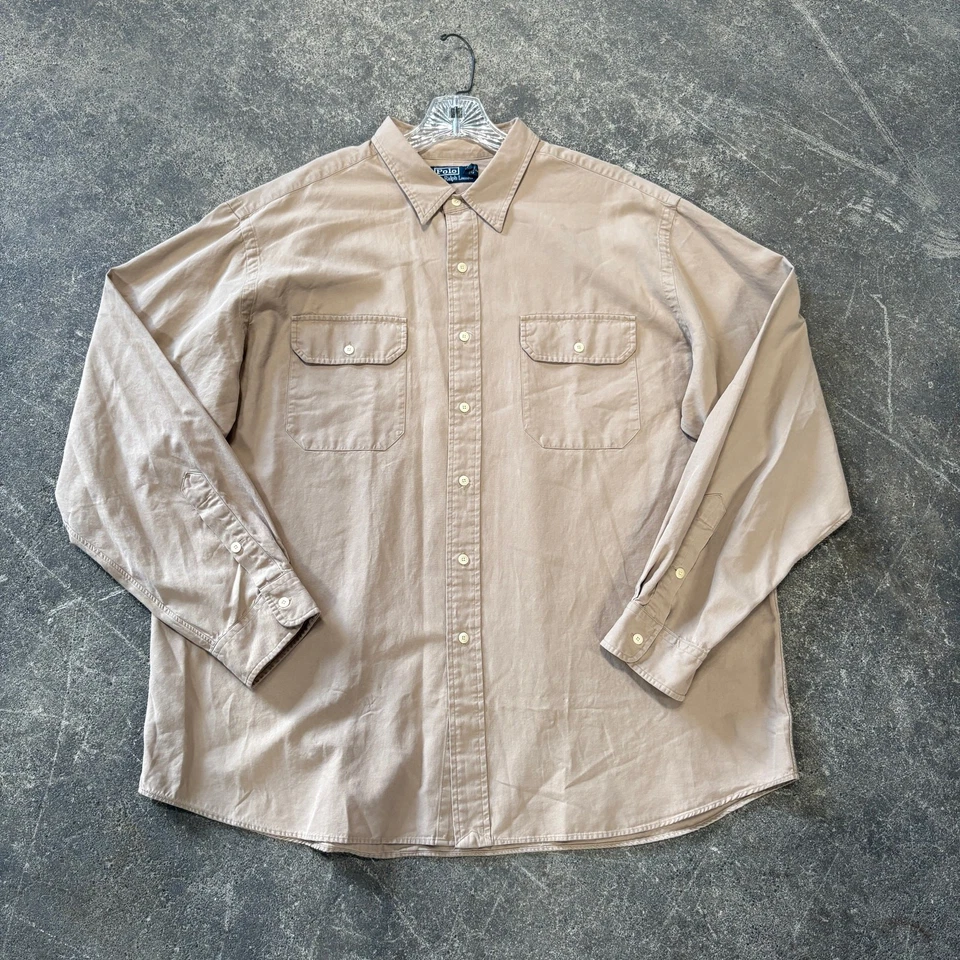 Vintage Polo Ralph Lauren Shirt Mens 2XL XXL Tan Beige Silk Button Up Y2K - Image 1 of 4