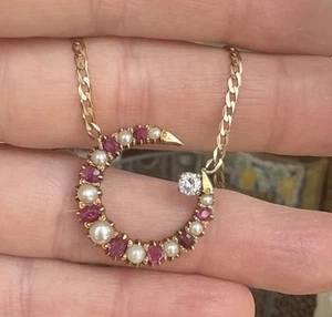 Antique Victorian Ruby And Pearl Crecent Necklace 15ct - Picture 1 of 9
