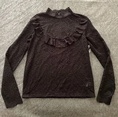 Arizona Junior Sz Large Sheer Floral Lace Black Long Sleeve Shirt Ruffle Stretch - Image 1 of 4