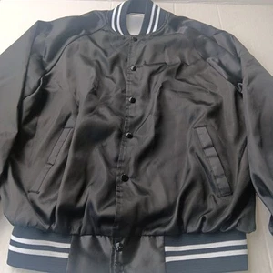 VTG Black Satin Varsity Bomber Light Jacket Windbreaker Mens XL USA K-Brand - Bild 1 von 16