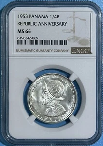 Panama 1953 1/4 Balboa Silver Choice BU Coin 1 Year Type High Grade NGC MS 66 - Picture 1 of 2