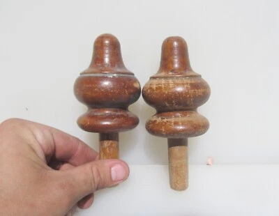 Victorian Turned Wooden Finials Tops Curtain Pole Ends Antique Old Wood Mounts - Image 1 of 4
