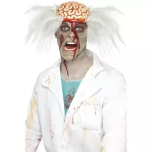 Men's Scalped Mad Scientist White Wig with Exposed Bloody Brain - Picture 1 of 1