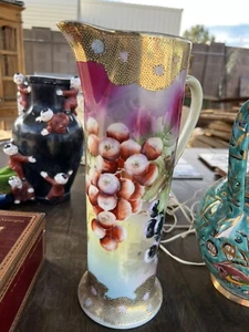 Antique HP Wine Jug, European Porcelain Fruit Motifs - Picture 1 of 7