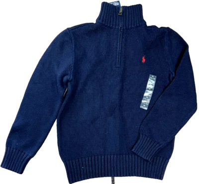 NEW Polo Ralph Lauren Boys Navy M 10-12 Knit Sweater 1/4 Zip Long Sleeve - Image 1 of 2