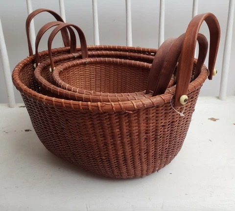 Vintage Oval Nantucket Baskets w/Wood Loop Handles Nested Set 3 Cover