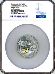 2023  Ghana Hunting in the Wild Eagle Gilt NGC 70 FR 50g Silver Coin - Picture 1 of 5