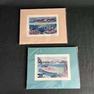 2 Kathleen Denis Watercolor Prints Florida Keys Beach Coral Boat 8x10 Wall Art - Picture 1 of 9