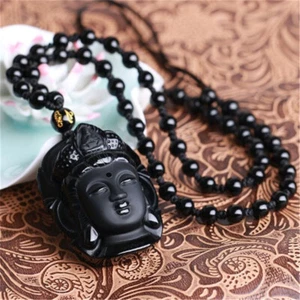 Natural Obsidian Hand Carved Guanyin Head Pendant Necklace delicate classic - Picture 1 of 3