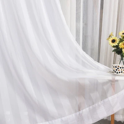 IRIS A pair of stripe patten Voile Curtain Slot Top solid sheer +tie backs - image 1 of 4