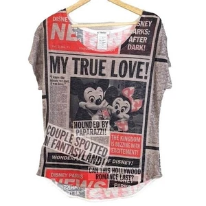Disney Parks All Over Print Top Black Large Mickey Minnie Newspaper True Love - Picture 1 of 5