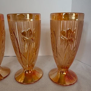 Vtg JEANETTE Iris & Herringbone Footed Tumbler Iridescent Marigold 8 oz Set of 6 - Picture 1 of 6