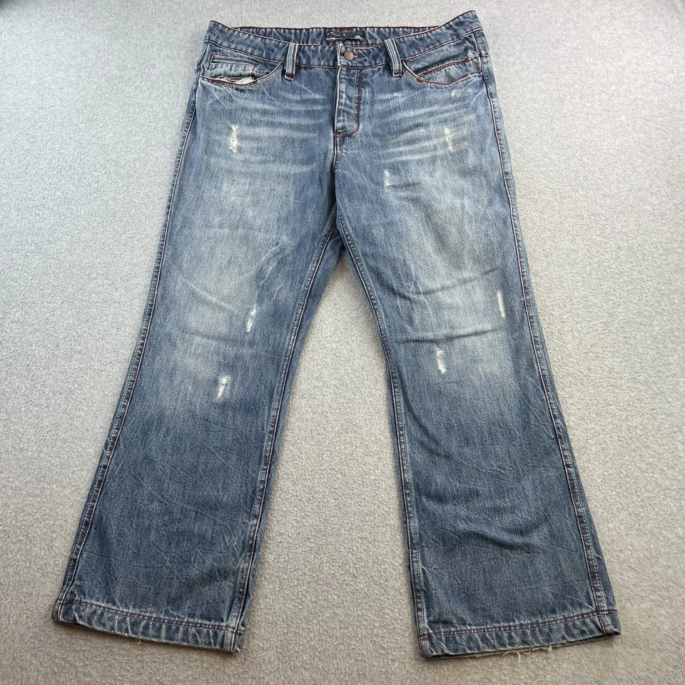 Pantalones de mezclilla antiguos para hombre 34 azul desgastado pierna recta bordado botón mosca Foto 1 de 4