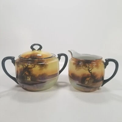 Noritake Tree in the Meadow Creamer & Sugar Bowl Set Made in Japan Black Handles - Image 1 of 4