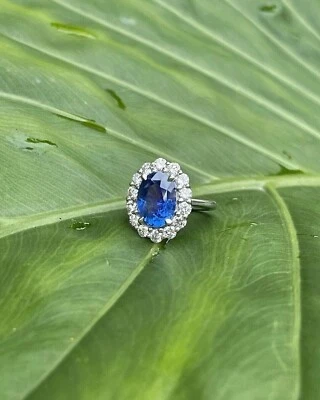 Anillo de compromiso de diamantes y zafiros naturales de corte ovalado de 4,39 quilates de oro blanco macizo de 14 quilates Foto 1 de 4