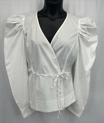 Jason Wu White Stretch Puff Sleeve Cottagecore Tie Front Blouse Womens Sz L NWT - Image 1 of 4