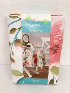 NEW Celebrate! 70 Inch Round Spring Easter Peva Tablecloth Floral Pink Green Blu - Picture 1 of 4