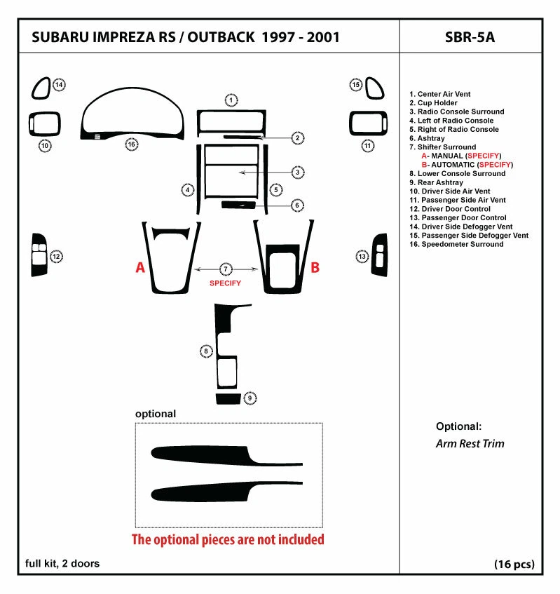 Interior Carbon Fiber Dash Trim Kit for Subaru Impreza RS / Outback 1997-2001 - Image 1 of 1