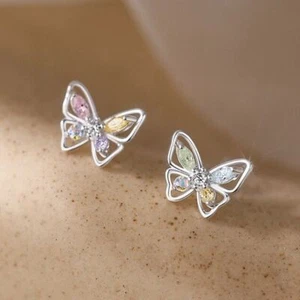 925 Sterling Silver Crystal Colourful Butterfly Stud Earrings Womens Jewellery - Picture 1 of 6