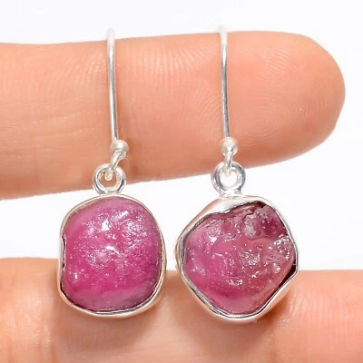Pink Ruby Rough Gemstone Women Jewelry 925 Solid Silver Handmade Dangle Earrings - Image 1 of 4