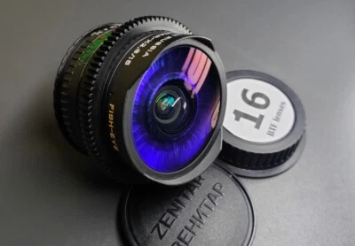 Zenitar 16mm f 2.8 ANAMORPHIC PURPLE SOVIET LENS Cine mod  Canon EF Fisheye - Image 1 of 4