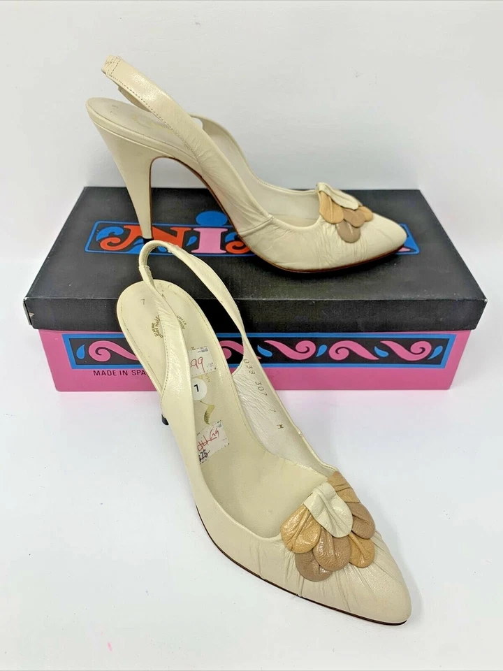 NINA Beige Hueso Eslinga Flor Puntera Cerrada Talla 7M 3-15/16” Tacón HECHO EN ESPAÑA 4” Foto 1 de 4