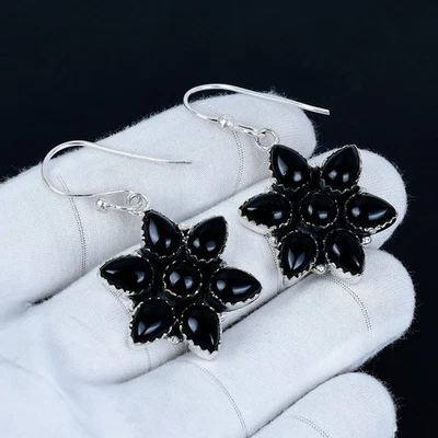 Orecchini In Pietra Onice Nera In Argento Sterlina 925 Orecchini Floreali - Immagine 1 di 4