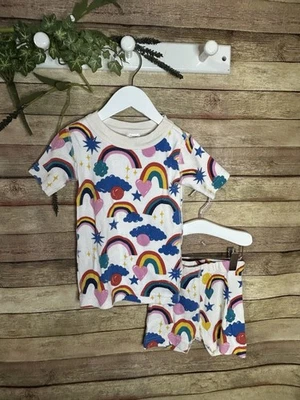 Hanna Andersson Rainbow Stripe Short John Pajama Set Little Girls Size 4 - Image 1 of 4