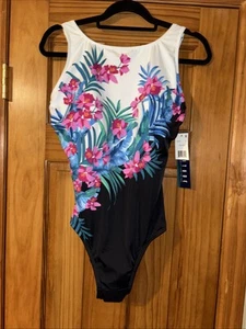 Longitude One Piece Swimsuit Womens 14 Pink Blue White Floral Built In Bra Nwt - Picture 1 of 17